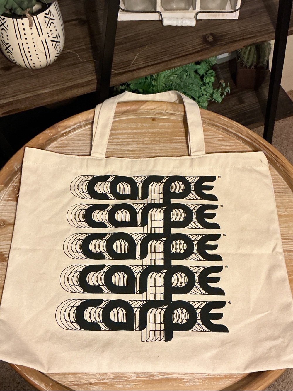 Canvas Tote Bag with Black Graphic Print - Cream
